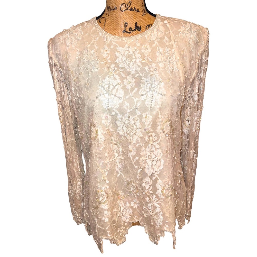 VINTAGE LAURENCE KAZAR NEW YORK BEADED SEQUIN LACE LONG SLEEVE EVENING TOP, M